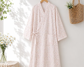 100% Cotton Nightgown Muslin,Pink Floral Cotton Nightgown for Women,Comfortable Women's Loungewear,Lightweight Sleepwear