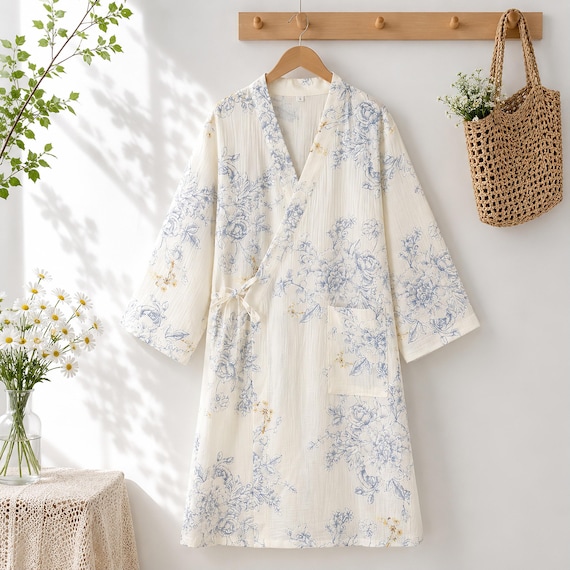 Cotton Floral Nightgown for Women,Lightweight Muslin Sleep Dress,Soft Lounge Robe with Pocket,Breathable Summer Sleepwear, Comfy House Dress