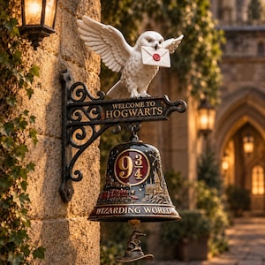 May include: A wall-mounted decorative bell featuring a white owl holding a letter in its beak, perched above a sign that reads Welcome to Hogwarts. Below hangs a black bell with the text 9 3/4 and Wizarding World, featuring a train and castle.