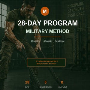 Peut inclure: Un dépliant numérique pour un programme de fitness 28-Day Program Military Method. On y voit une personne en tenue de camouflage vert olive utilisant des cordes de combat noires. Le texte inclut Discipline, Strength, Resilience et la citation : It's when you least feel like it that you need it the most! 28 jours, 5 séances/semaine, 0 équipement.