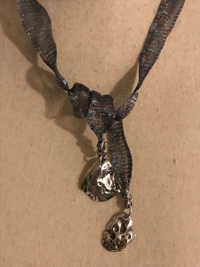 Lariat Style Neklace in Shimmering Blue Titanium Mesh with Fine Silver Shells