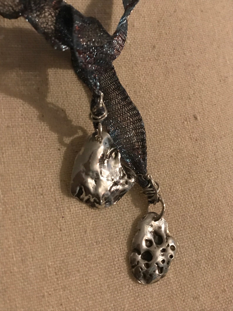 Lariat Style Neklace in Shimmering Blue Titanium Mesh with Fine Silver Shells