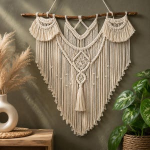 Grote boho macramé wanddecoratie | Handgemaakt wandtapijt van katoenvezels, kunstwerk van houten stokjes