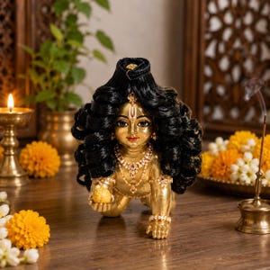 May include: A golden figurine of a crawling child deity with thick, curly black hair, wearing a beaded necklace and armlets. The figure has a painted tilak on the forehead and holds a small yellow sphere in one hand, finished in a polished metallic gold.