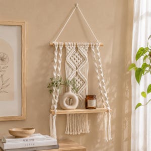 Boho Macrame Hanging Shelf | Natural Cotton Rope, Wooden Display Rack, Beige White Decor