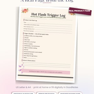 Hot Flash Trigger Log | Menopause Printable Tracker | Identify Your Triggers | A4 & US Letter