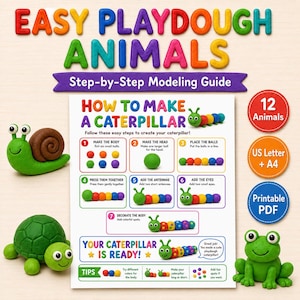 Puede incluir: Una guía de modelado paso a paso imprimible titulada Easy Playdough Animals, que presenta instrucciones sobre cómo hacer una oruga. La página incluye siete pasos numerados con ilustraciones, consejos y tres insignias circulares que indican 12 animales, tamaños US Letter y A4, y formato PDF imprimible.