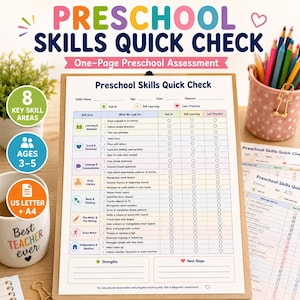 Könnte beinhalten: Ein Preschool Skills Quick Check Bewertungsbogen auf einem Klemmbrett. Das Dokument enthält ein Raster zur Verfolgung von Lern-, Sozial-, Sprach-, Lese-, Mathe-, Motorik- und Routinefähigkeiten mit Spalten für Got It, Still Learning und Let's Practice.