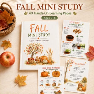 May include: A Fall Mini Study educational set featuring a 40-page learning book, activity sheets, and instructional cards. The materials include illustrations of pumpkins, a squirrel, and autumn trees, with text detailing seasonal plant life cycles.