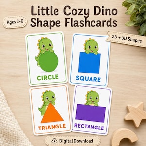 Dino Shape Flashcards, 2D 3D Math Activity, Toddler Homeschool (Digital Download)