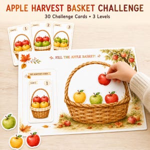 May include: Apple Harvest Basket Challenge game set with 30 challenge cards across 3 levels. Includes a large game board with a basket illustration, text reading FILL THE APPLE BASKET, and several die-cut apple pieces in red, green, and yellow.