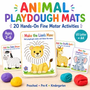 Puede incluir: Tapetes de plastilina con temática animal y 20 actividades motrices para niños de 3 a 6 años. Incluye tarjetas con un cebra, león, jirafa y elefante con instrucciones, además de cuatro bolas de plastilina en morado, amarillo, azul y rojo.