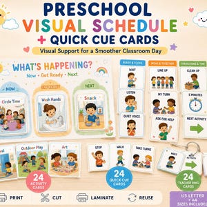 Può includere: Un set di pianificazione visiva e schede di riferimento per la scuola materna con illustrazioni colorate di attività scolastiche. La lavagna mostra "What's Happening?" con le sezioni "Now", "Get Ready" e "Next". Include 24 schede attività, 24 schede di riferimento e 24 schede ad anello per insegnanti con istruzioni per stampare, tagliare e plastificare.
