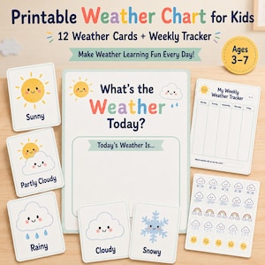 May include: A printable weather chart set for kids featuring a central board with the text What's the Weather Today?, twelve weather cards with illustrations of sun, clouds, rain, and snow, and a weekly tracker sheet with a grid for daily entries.