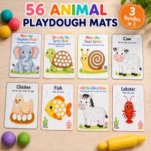 Puede incluir: Un conjunto de 56 tapetes para plastilina con ilustraciones de elefante, tortuga, caracol, vaca, pollo, pez, cebra y langosta con instrucciones para actividades, acompañados de bolas de plastilina de colores y un rodillo amarillo.