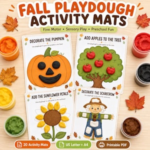 May include: Four fall playdough activity mats featuring themes of decorating a pumpkin, adding apples to a tree, adding sunflower petals, and decorating a scarecrow, surrounded by colorful playdough containers and autumn leaf decorations.