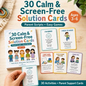 Op de afbeelding: Een set van 30 rustige en schermvrije oplossingskaarten voor kinderen van 3-6 jaar, inclusief een doos met illustraties van vijf kinderen en vijf losse kaarten met tekst en afbeeldingen voor activiteiten zoals I'm Bored en I Need to Move.