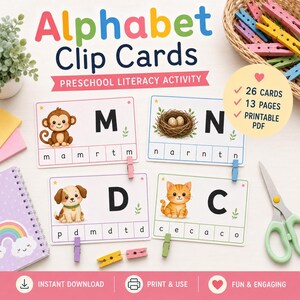Alphabet Clip Cards, Preschool Letter Recognition Printable, Fine Motor Literacy Center, A–Z PDF