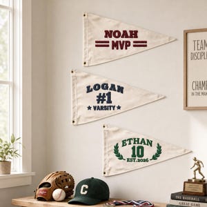 Custom Embroidered Name Canvas Pennant For Sports, Collegiate Retro, Unique athlete gift, Sports Fan Gift,  Kids Room Decor