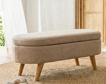 Banco baú bege, banco estofado para o pé da cama com espaço de armazenamento oculto, banco de entrada em tecido tipo pelúcia, assento moderno para quarto.