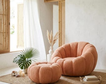 Pumpkin Akzent Stuhl mit Ottomane, moderner Lounge Sessel, Lesesessel, brauner Sessel, bequemer Sofa Stuhl, Wohnzimmermöbel, gemütlicher Sitz