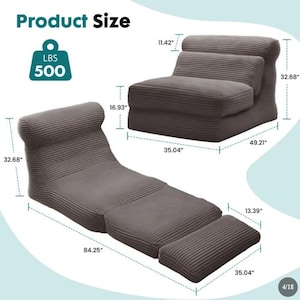 May include: A dark grey corduroy convertible chair that folds into a lounge or bed. Dimensions are 83 cm high, 89 cm wide, and 125 cm deep as a chair, extending to 214 cm long. It supports 227 kg and features a 43 cm seat height, with a 29 cm backrest height.