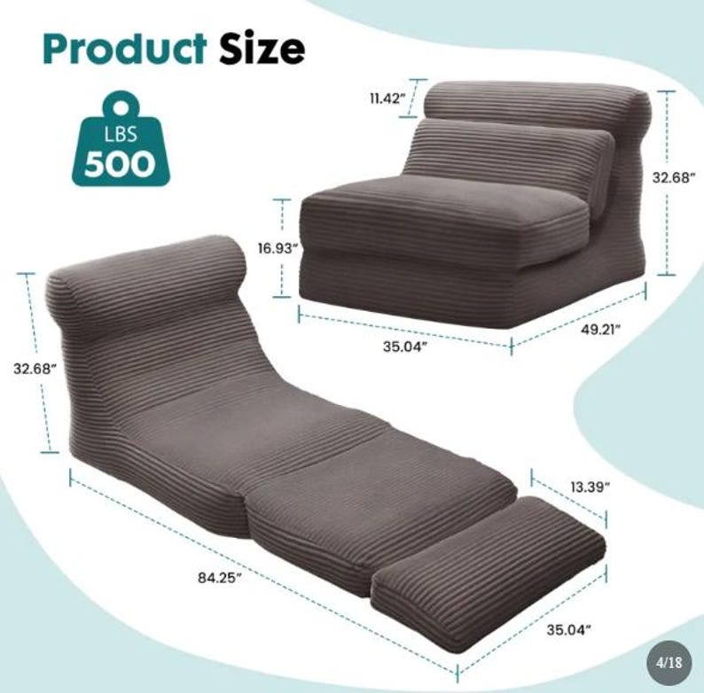 May include: A dark grey corduroy convertible chair that folds into a lounge or bed. Dimensions are 83 cm high, 89 cm wide, and 125 cm deep as a chair, extending to 214 cm long. It supports 227 kg and features a 43 cm seat height, with a 29 cm backrest height.