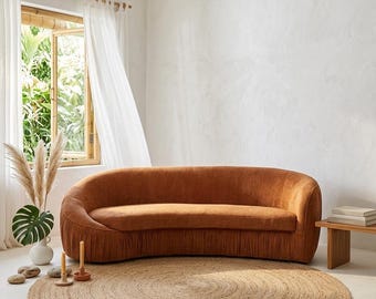 92 Inch Curved Sofa Orange, Modern 4 Seat Couch, Upholstered Fabric Sectional Sofa, No Assembly Sofa, Living Room Cloud Style Couch