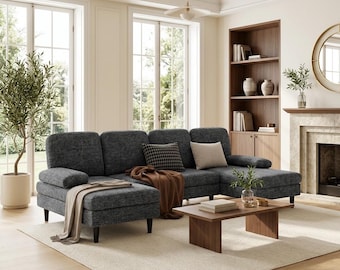 U Shaped Sectional Sofa, 4 Seat Chenille Couch with Double Chaise Lounge, Modern Living Room Furniture, Large Family Sofa, Dark Grey Couch
