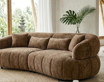 Cloud Curved Sofa 4 Seater, Modern Sectional Couch 260cm, Upholstered Living Room Sofa, Comfy Modular Sofa, Brown Fabric Couch