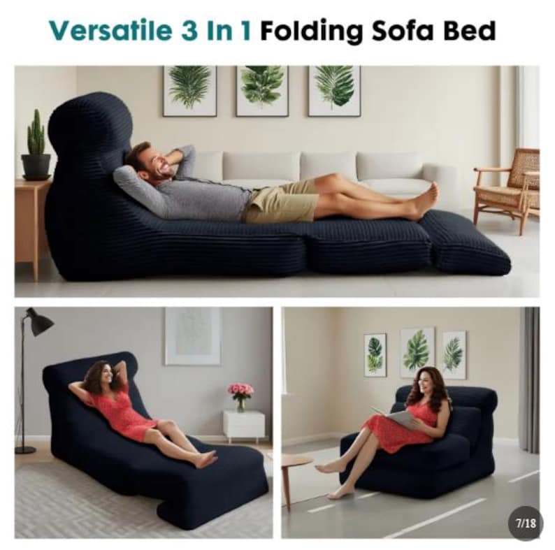 May include: A dark navy blue corduroy 3-in-1 folding sofa bed that can be configured as a lounge chair, a reclined chaise, or a flat sleeping surface. The textured fabric features horizontal ribbing throughout the entire structure of the furniture.