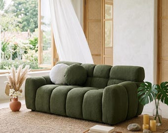 Marshmallow Boucle Sofa Olive Green, 2 Seater Curved Sofa, Modern Nordic Couch, Boucle Loveseat, Cloud Sofa, Living Room Furniture, Sofa