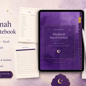 May include: A digital tablet displaying a purple Muslimah Digital Notebook with a crescent moon icon, accompanied by a white stylus and several printed pages featuring a Salah tracker, index, and dotted pages on a light purple background.