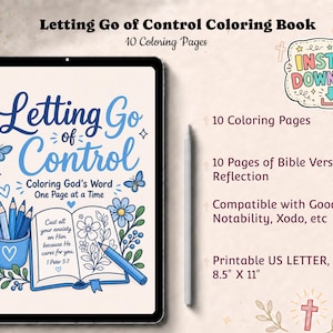 Libro para colorear digital en PDF "Dejar ir el control" / Páginas con versículos bíblicos cristianos para la reflexión y el alivio del estrés