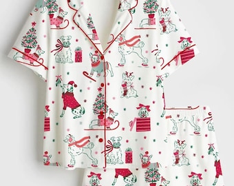 Cute Christmas Dog Satin Pajama Set, Short Sleeve Silk Pjs for Women, Funny Dog Lover Gift, Holiday Sleepwear, Winter Dog Loungewear