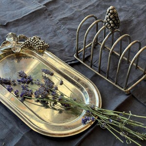 Può includere: Un vassoio da portata ovale color argento con un decoro a grappolo d'uva e foglie, abbinato a un portatoste in metallo color argento con un terminale a forma di grappolo. Un mazzetto di lavanda essiccata è adagiato sul vassoio.