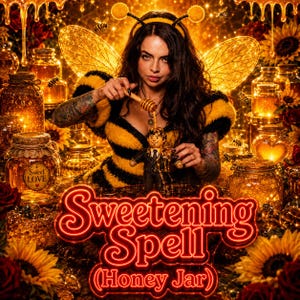 May include: A glass honey jar with a label reading Sweet LOVE, surrounded by sunflowers and bees. The text Sweetening Spell (Honey Jar) is displayed in a glowing red neon font. The scene features golden honey tones and warm lighting.