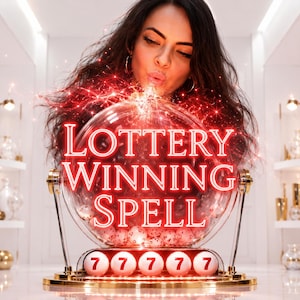 May include: A clear spherical lottery machine containing numerous white numbered balls, with five white balls each displaying the number 7 lined up at the base. The text LOTTERY WINNING SPELL is displayed in glowing red neon letters across the centre.