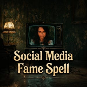Puede incluir: Un televisor antiguo muestra a una persona de cabello oscuro en su pantalla. Debajo del televisor, el texto Social Media Fame Spell está impreso en una fuente serif negrita. La escena se desarrolla en una habitación oscura con una lámpara.