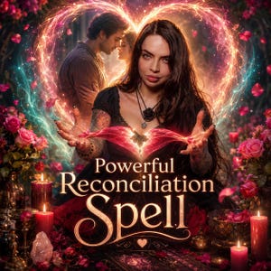 May include: A person with long dark hair wearing a black top and a necklace, positioned in front of a glowing heart-shaped light. The text "Powerful Reconciliation Spell" is centered. The scene includes pink roses, lit candles, and a couple.