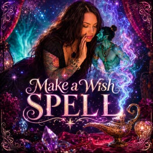 May include: A digital illustration featuring a person with long dark hair and tattoos, a blue-skinned genie emerging from a gold oil lamp, and purple crystals. The text "Make a Wish SPELL" is centered in elegant white lettering against a dark background.