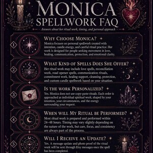 Peut inclure: Un graphique informatif violet fonc&eacute; intitul&eacute; Monica Spellwork FAQ avec du texte blanc d&eacute;taillant les services rituels. Il pr&eacute;sente cinq sections num&eacute;rot&eacute;es avec des ic&ocirc;nes dont une &eacute;toile, un chaudron, une enveloppe, une horloge et un pentagramme.
