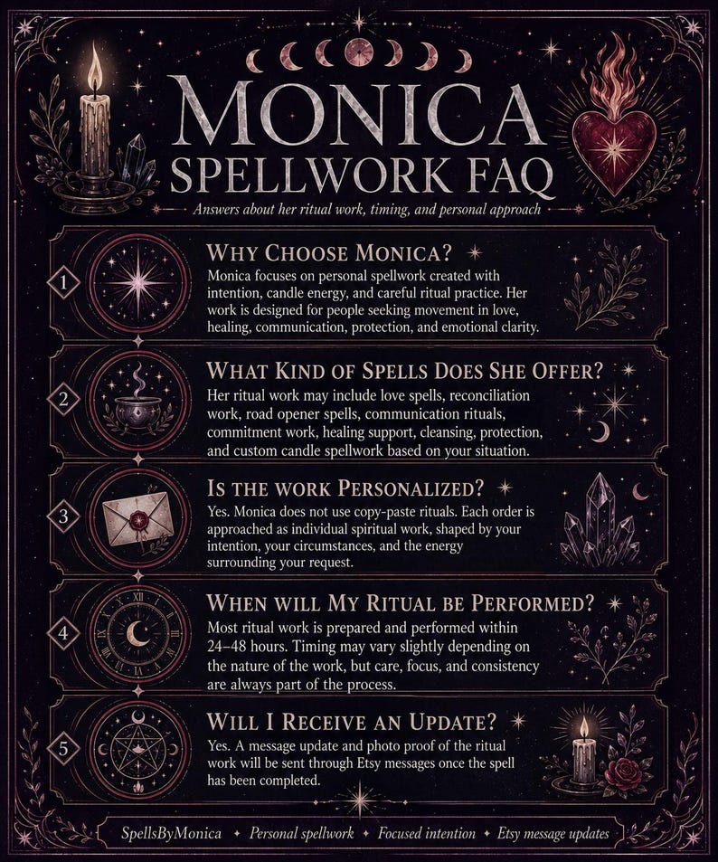 Peut inclure: Un graphique informatif violet fonc&eacute; intitul&eacute; Monica Spellwork FAQ avec du texte blanc d&eacute;taillant les services rituels. Il pr&eacute;sente cinq sections num&eacute;rot&eacute;es avec des ic&ocirc;nes dont une &eacute;toile, un chaudron, une enveloppe, une horloge et un pentagramme.