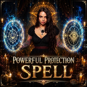 May include: A digital illustration featuring a person in a black dress with long dark hair and arm tattoos. Two glowing blue circular magical seals with a lotus and an eye symbol flank the figure. The text reads POWERFUL PROTECTION SPELL.