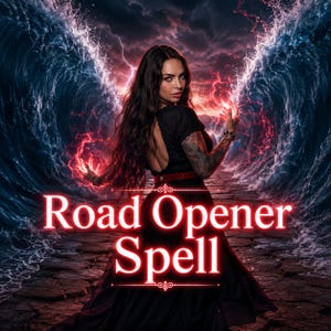 Puede incluir: Una persona con cabello largo y oscuro que viste un vestido negro se encuentra en un camino de piedra entre dos olas masivas. La persona tiene energía roja brillante en sus manos. El texto Road Opener Spell aparece en letras rojas brillantes.