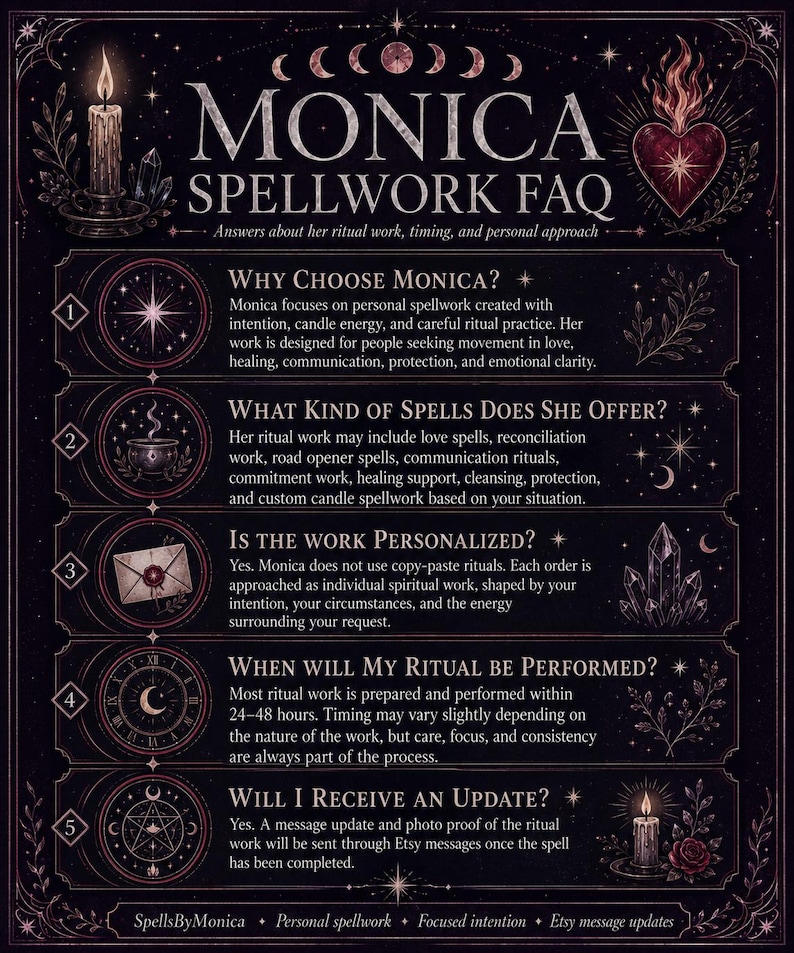 May include: A dark purple informational graphic titled Monica Spellwork FAQ with white text detailing ritual services. It features five numbered sections with icons including a star, cauldron, envelope, clock, and pentagram, plus candle and heart illustrations.