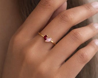 Toi et Moi Heart Birthstone Ring, Two Heart Birthstones Ring, Gold Plated Teardrop Ring, Dainty 925 Sterling Silver Jewelry, Gift for Her