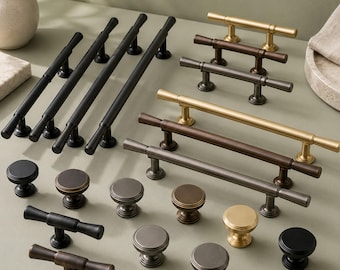 Solid Brass T Bar Cabinet Pulls and Round Knobs, Farmhouse Drawer Hardware