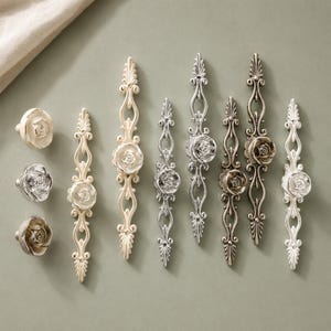Ivory White Rose Cabinet Pulls, Zinc Alloy Drawer Knobs, European Vintage Dresser Handles