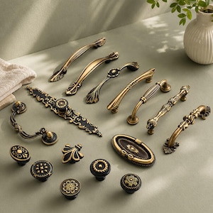 Antique Brass Cabinet Pulls and Knobs, French Vintage Drawer Handles, Solid Brass Dresser Wardrobe Hardware
